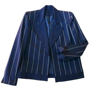 David Hayes Pinstriped Navy Blazer Oversized Notched Lapel Pure Wool Open Front